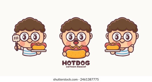 cute mascot with hot dog, vector cartoon design, suitable for culinary identity.