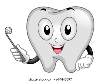 Ilustración de mascota mate con un diente blanco precoz que sostiene un espejo dental