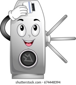 Cute Mascot Illustration Featuring a Turnstile Swiping a Credit Card Through its Reader