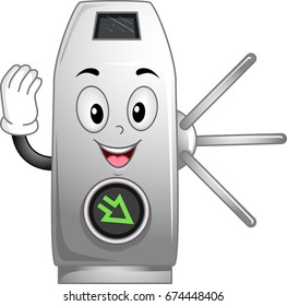 Cute Mascot Illustration Featuring a Turnstile Calling Commuters to Move Forward