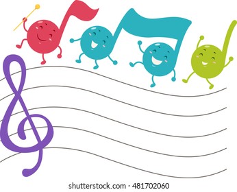 Ilustración callejera de notas musicales marchando a través de un equipo musical en blanco