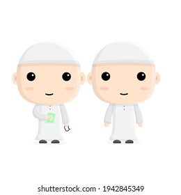Cute Mascot Illustration Muslim Boy, muslim with quran and white color theme