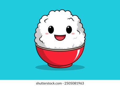 Cute Mascot Illustration of Rice in a red bowl. Flat Style Flat Cartoon Style Suitable for Landing Page, Banner, Sticker, Background