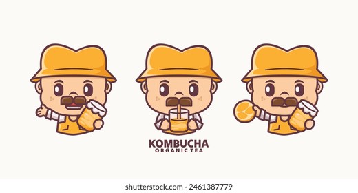 cute mascot with kombucha, vector cartoon design, suitable for culinary identity.