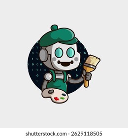 cute mascot logo cartoon robot with artificial intelligence system that looks like a painter who is able to create works of art quickly and beautifully