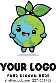 Cute mascot logo character of planet earth with leaves. Environmental care and ecology logo.