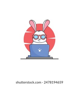 cute mascot logo rabbit cartoon working at laptop vector illustration animal technology concept premium vector flat cartoon