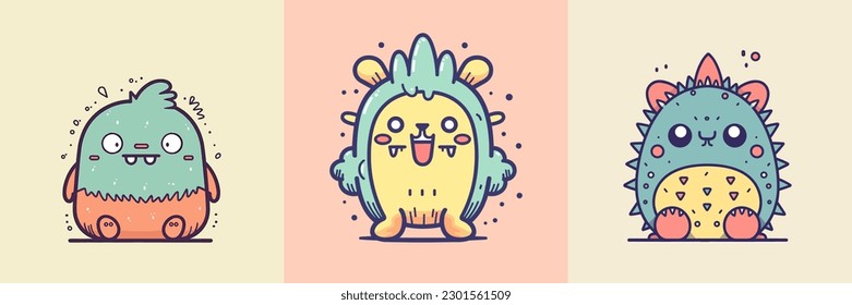 Cute mascot monster kawaii character cartoon illustration set collection
