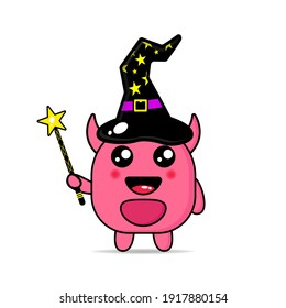 cute mascot monster wearing a witch hat and carrying a magic wand kawaii