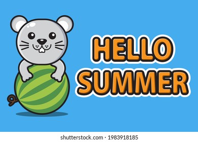 cute mascot mouse hugging watermelon with hello summer greeting banner