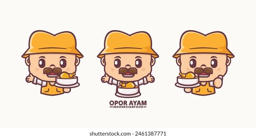 cute mascot with opor ayam, indonesian traditional food vector cartoon design, suitable for culinary identity.
