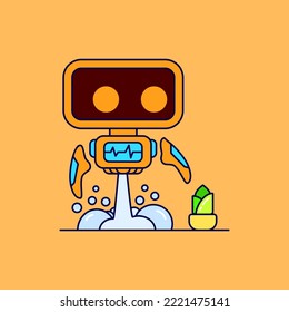 Cute mascot orange robot pointing a plants cartoon icon illustration. Flat cartoon design. Suitable for web, landing page, icons, ads, template and poster.