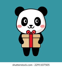 Cute mascot for a panda animal carrying a gift box, flat cartoon vector design for cute animals