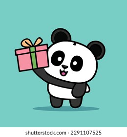 Cute mascot for a panda animal carrying a gift box, flat cartoon vector design for cute animals