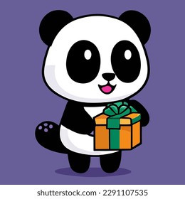 Cute mascot for a panda animal carrying a gift box, flat cartoon vector design for cute animals