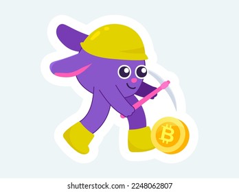 Cute mascot with pickaxe mining bitcoin. Cryptocurrency and blockchain. Vector illustration in cartoon sticker design