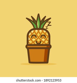 CUte Mascot Pinapple Cartoon Character Design Illustration. With A Pinapple Sleep In Pot.Yellow And Green COlor. With Cute, Fun, And Outline Style. Tecomenden For Children Book, Or Child Cover Book, 