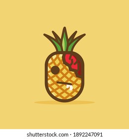 CUte Mascot Pinapple Cartoon Character Design Illustration. With A Zombie Pinapple New Hair Style.Yellow And Green COlor. With Cute, Fun, And Outline Style. Recomenden For Children Book Or Child Cover
