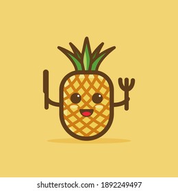 CUte Mascot Pinapple Cartoon Character Design Illustration. With A Pinapple Eat .Yellow And Green COlor. With Cute, Fun, And Outline Style. Recomenden For Children Book, Or Child Cover Book And Mascot