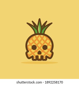 CUte Mascot Pinapple Cartoon Character Design Illustration. With A Skull Pinapple.Yellow And Green COlor. With Cute, Fun, And Outline Style. Recomenden For Children Book, Or Child Cover Book.