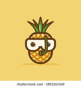 CUte Mascot Pinapple Cartoon Character Design Illustration. With A Pinapple Diving.Yellow And Green COlor. With Cute, Fun, And Outline Style. Recomenden For Children Book, Or Child Cover Book.