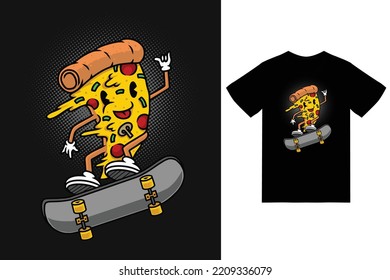 Cute mascot pizza skateboarding illustration with t shirt design premium vector the Concept of Isolated Technology. Flat Cartoon Style Suitable for Landing Web Pages, Banners, Flyers, Stickers, Cards