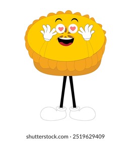 Cute mascot pumpkin pie, Halloween Pumpkin Pie Characters. Cartoon Sweets Cup Pudding Latte Walking and Smiling. Vector Autumn Holiday Mascot Template. Illustration Cool kawaii happy doodle Isolated