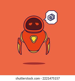 Cute mascot robot think about bolt nut cartoon icon illustration. Flat cartoon design. Suitable for web, landing page, icons, ads, template and poster.
