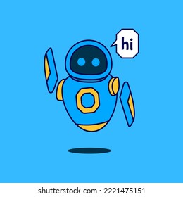 Cute mascot robot wave hand and say hi cartoon icon illustration. Flat cartoon design. Suitable for web, landing page, icons, ads, template and poster.