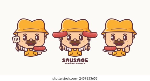 cute mascot with sausage, vector cartoon design, suitable for culinary identity.