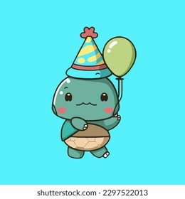 Cute mascot for a turtle wearing a cone hat and carrying a birthday balloon, with a flat cartoon design. Suitable for card, book, birthday design