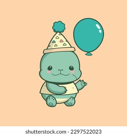 Cute mascot for a turtle wearing a cone hat and carrying a birthday balloon, with a flat cartoon design. Suitable for card, book, birthday design