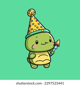 Cute mascot for a turtle wearing a cone hat and carrying a birthday balloon, with a flat cartoon design. Suitable for card, book, birthday design