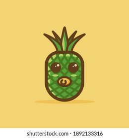 CUte Mascot Young Pinapple Cartoon Character Design Illustration. With A Pinapple Baby.Yellow And Green COlor. With Cute, Fun, And Outline Style. Tecomenden For Children Book, Or Child Cover Book.