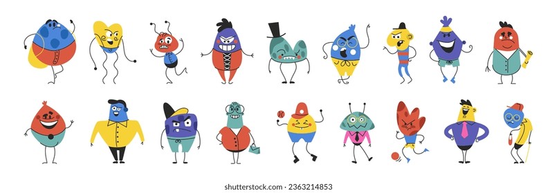 Cute mascots. Funny child monsters, kid and children graphic stickers, smile and different emotions, humor childish characters. Doodle positive creatures. Funny avatars. Vector cartoon tidy icons