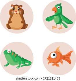 Cute Mascots and Pet Shop Icons Vector Set. Set of adorable domestic animals in cartoon style 
