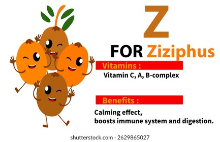 Cute mascout of fruit names,vitamin content, and their benefits for the body,
 suitable for children's education.
