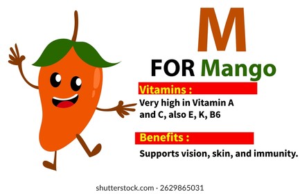 Cute mascout of fruit names,vitamin content, and their benefits for the body,
 suitable for children's education.
