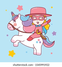 Cute Masked Swords Girl ride the Unicorn. Vector Illustration