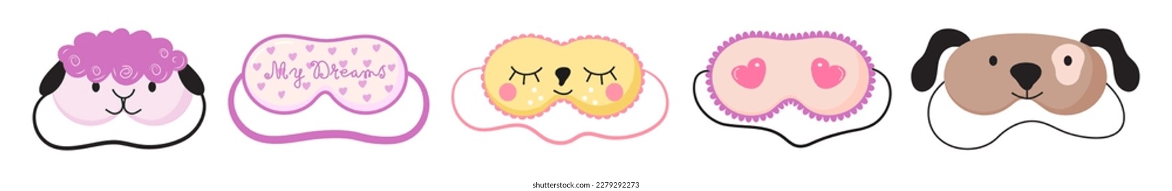 Cute Masken für Träumer-Set Vektor. Schlaue Maske mit Augen, Tieren Gesicht und Lächeln. Entspannungszubehör für die Nachtkollektion.