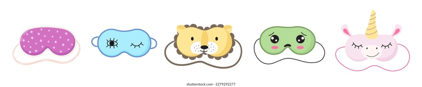 Cute masks for dreaming set vector. Sleepy mask with eyes, animals face and smiles. Rest relax  accessories for night collection.