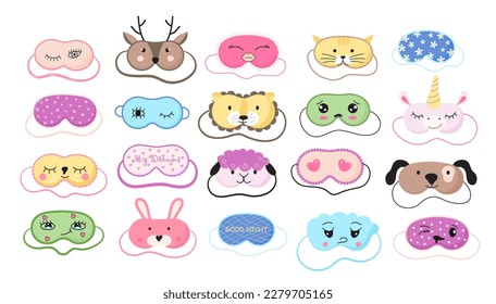 Cute masks for dreaming set vector. Rest relax  accessories for night collection. Sleepy mask with eyes, animals face and smiles. In hand drawn style. 