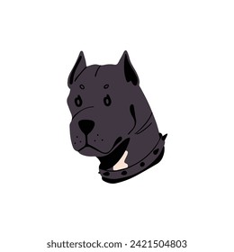 El avatar de Cute Mastiff. Feliz bozal negro de Caña Corso. Cara divertida de Great Dane. Guarda el retrato de perro en el collar. Cachorro de raza grande. Una mascota canina divertida. Ilustración vectorial aislada plana sobre fondo blanco