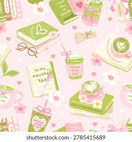 Cute Matcha Book Lover Seamless Pattern with Matcha Latte, Books, Flowers and Pastel Pink Green Aesthetic Digital Paper