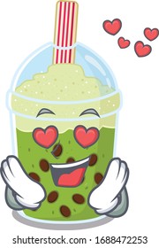 cute matcha bubble tea cartoon character showing a falling in love face