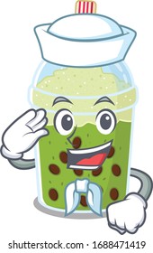 Cute matcha bubble tea Sailor cartoon character wearing white hat