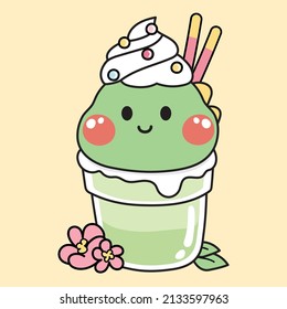 Té verde matcha lindo con crema de cabeza de dinosaurio. Diseño de carácter animal. Estilo de caricatura de comida kawaii. Bebida japonesa.Vector.Ilustración.