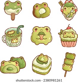 cute matcha green tea frog set, can be use for decorative sticker for journaling or social media advertising