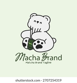 Cute matcha logo with bear holding chasen whisk. Traditional mascot for tea brand and cafe.