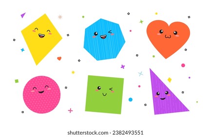 Cute math figure, geometric shape, cartoon face icon, school child game set, funny emoji. Education character vector illustration